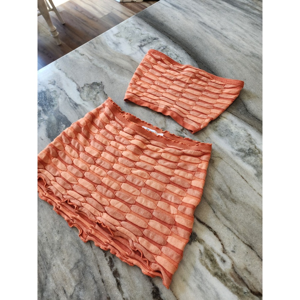 Tiger Mist Orange Textured Two Piece Set XS Top S Skirt Tube Top Mini Skirt